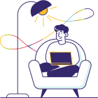 Illustration d' une personne assise dans un fauteuil travaillant sur son ordinateu,  éclairé par une lampe avec des filaments aux couleurs d'Enedis
