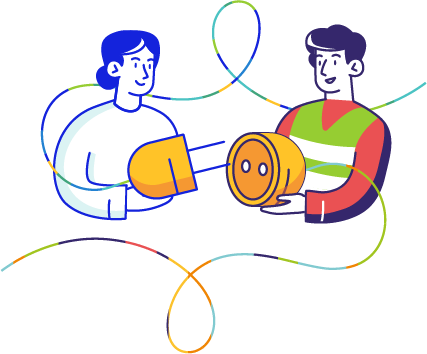 Illustration de deux personnes branchant une prise avec des filaments aux couleurs d'enedis et de coorace