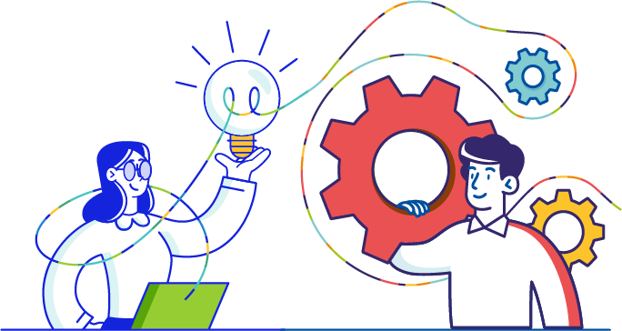 Illustration de deux personnages. Un personnage féminin travaillant sur son ordinateur et tenant une ampoule. Le personnage masculin transporte des rouages. Ils sont reliés par des filaments aux couleurs d'enedis et Coorace