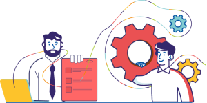 Illustration deux personnages aux couleurs de coorace, l' un présentant un document et l' autre transportant une roue dentée. Ils sont reliés par un filament aux couleurs de coorace.