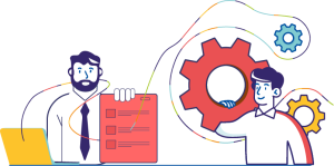 Illustration deux personnages aux couleurs de coorace, l' un présentant un document et l' autre transportant une roue dentée. Ils sont reliés par un filament aux couleurs de coorace.