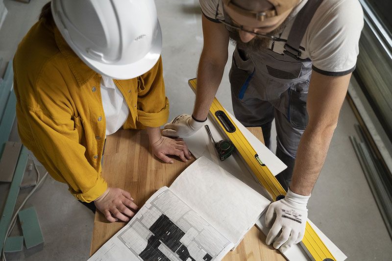 Deux personnes travaillant sur un plan schématique de maison