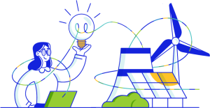 Illustration d’un personnage féminin travaillant sur ordinateur et tenant une ampoule dans sa main gauche qui est reliée par un filament à une éolienne, un panneau solaire et une cheminée de centrale nucléaire