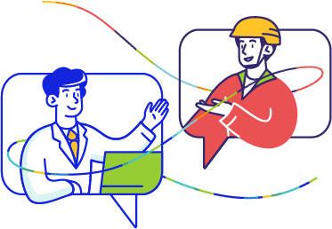 Illustration de deux personnages qui communiquent dans des bulles. L'un porte un costume cravate et travaille sur un ordinateur. L'autre porte un casque et une blouse de travail. Ils sont aux couleurs d'enedis et Coorace