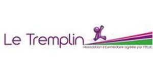 logo tremplin violet et un homme escaladant une pente