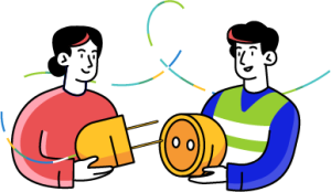 Illustration de deux personnes branchant une prise avec des filaments aux couleurs d'enedis et de coorace